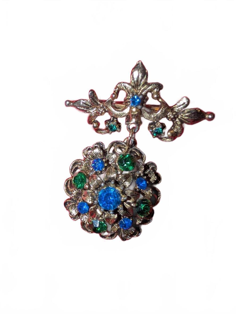 Vintage Gold-Tone Brooch with Blue and Green Rhinestones